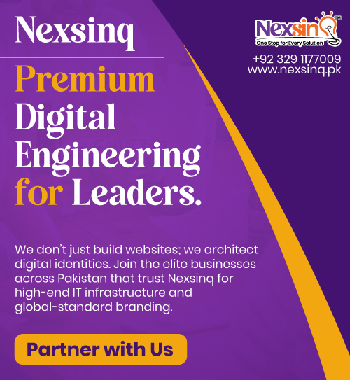 Modern tech office desk with laptop displaying Nexsinq premium branding and IT solutions.